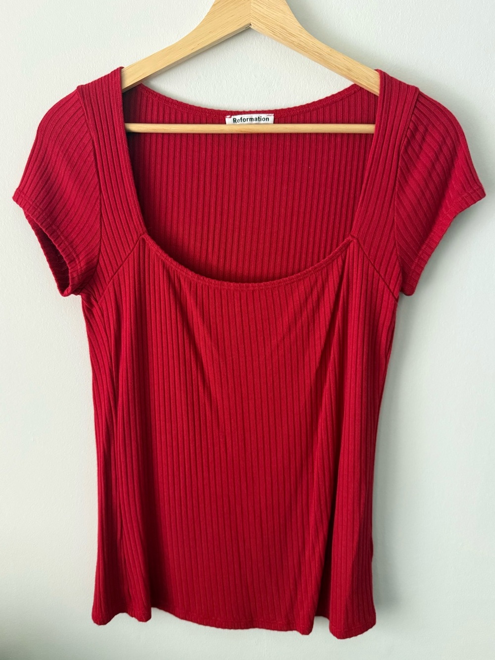 Reformation Red Ribbed Scoop Neck Short Sleeve Tee